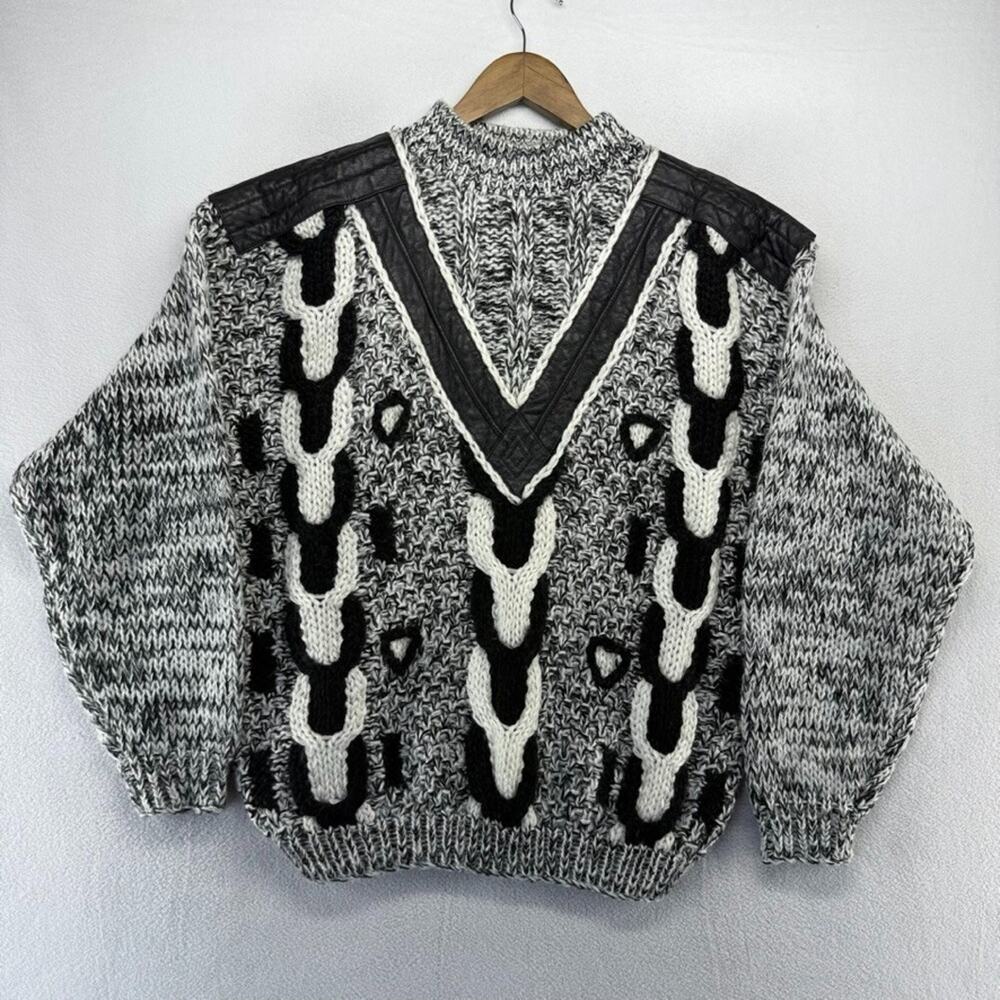 Vintage Street Scenes Sweater Men's medium Gray Black Grandpa Knit Leather 90s